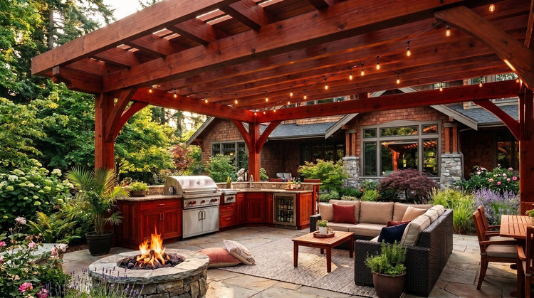 Custom Big Timber pergola with an outdoor kitchen, fire pit, and lounge in a landscaped backyard.
