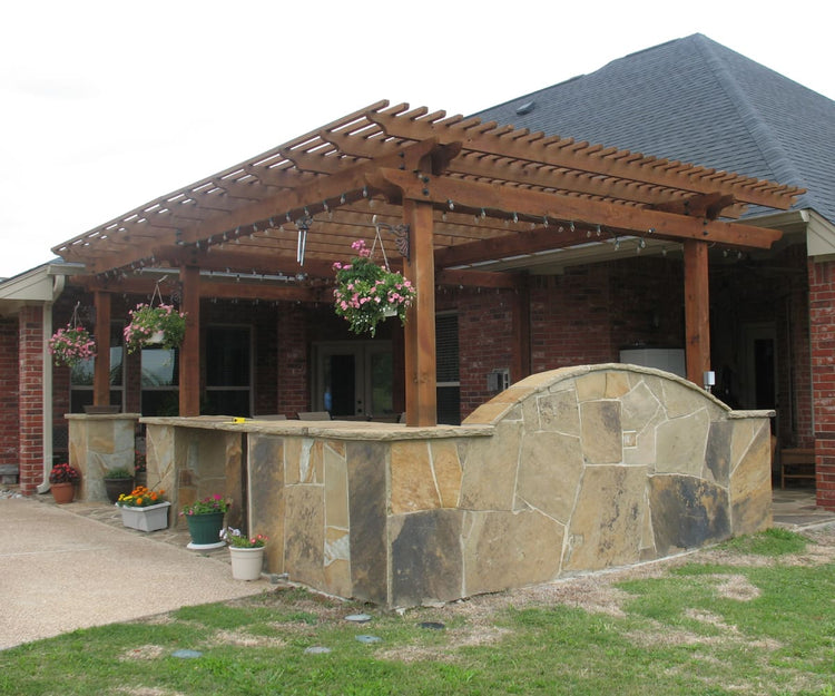 Patio Pergola Anchored to Stone Bar