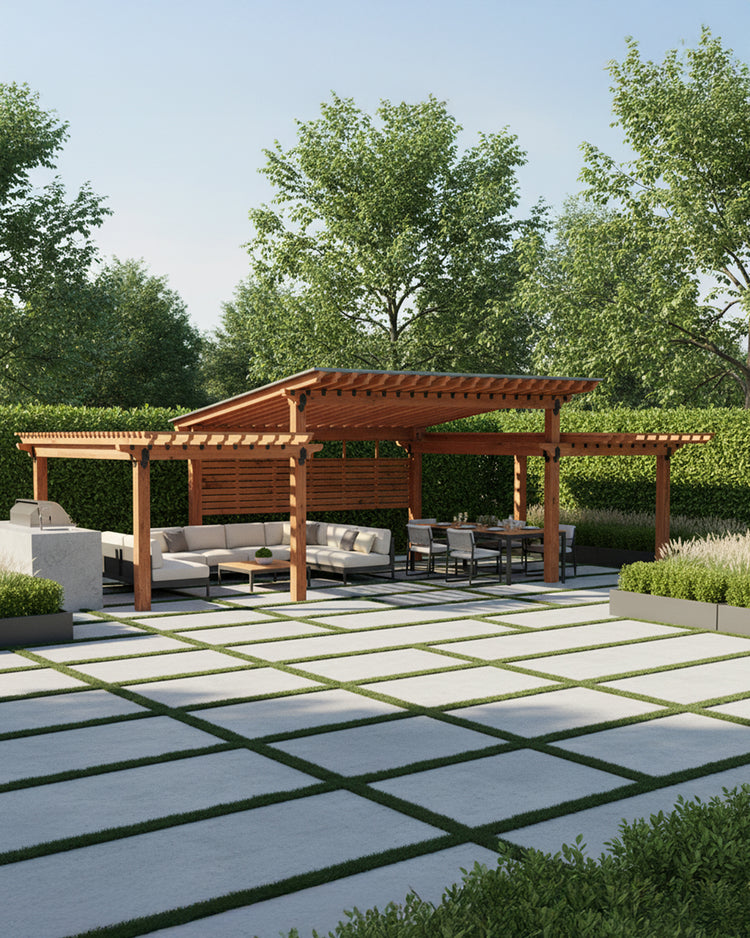 Outdoor patio with wooden pergola, outdoor furniture, and greenery